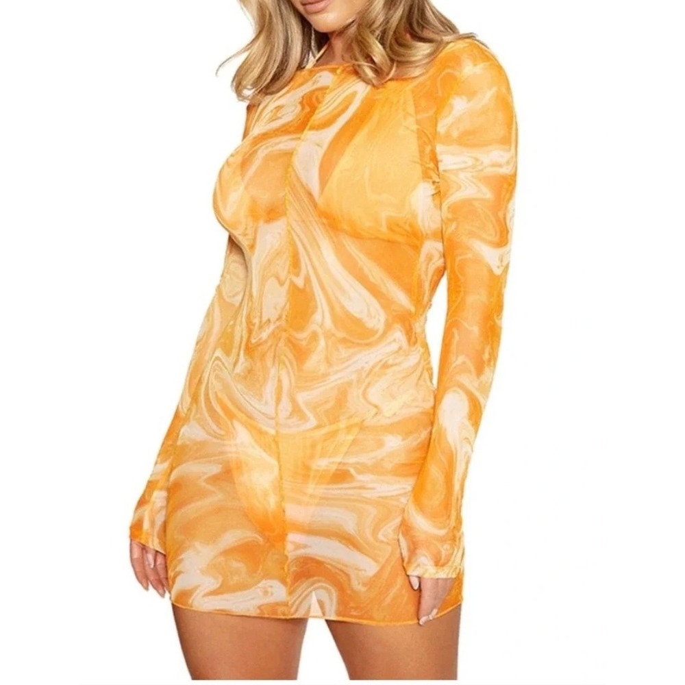 NAKED WARDROBE Swim Cover-Up Orange Marble Mesh V-Neck Women's Size Medium NWT